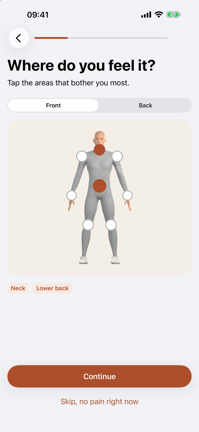 Choosing the areas that feel tight on a body map.