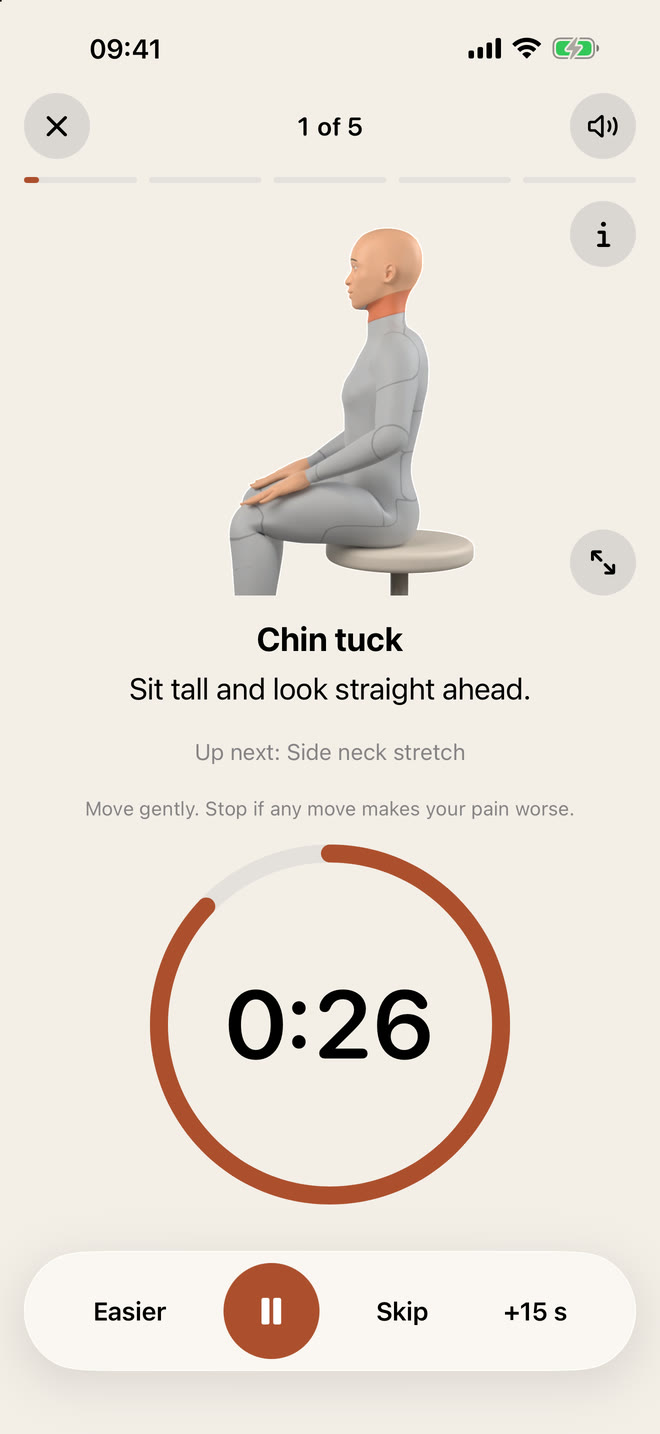 The Stiffless player: a 3D guide shows a chin tuck, with a countdown ring and the next move below.