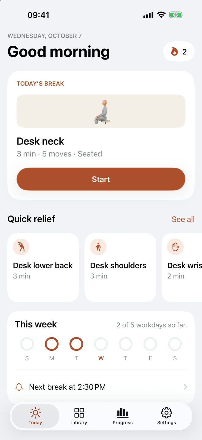 The Today tab: today’s break, quick relief routines and the week so far.
